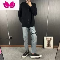七斓新款美式高街绑带毛边破洞T型刀割直筒牛仔裤男潮牌休闲九分裤子