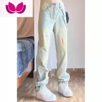 七斓欧美高街Vibe风做旧复古黄泥蓝泼墨牛仔裤水洗vibe直筒宽松裤子男