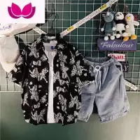 七斓痞帅花衬衫男ins潮牌牛仔短裤男装套装夏季三件套短袖衬衫男宽松