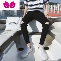 七斓春季黑色破洞牛仔裤男潮牌破膝裤潮流膝盖一字破男款修身小脚裤子