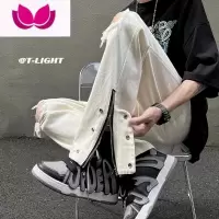 七斓美式vibe风江浙沪裤子高街潮ins白色破洞牛仔裤男直筒微喇排扣裤
