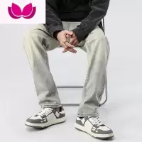 七斓春款美式复古水洗做旧黄泥染牛仔长裤男潮阔腿高街直筒宽松休闲裤