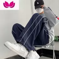 七斓美式复古藏蓝色裤子男欧美高街宽松阔腿裤oversize校服运动裤