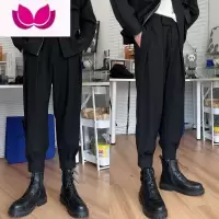 七斓搭配马丁靴裤子男士魔术贴西裤男痞帅加绒束脚网红哈伦休闲裤