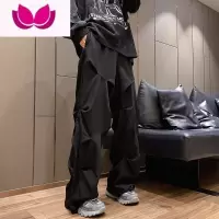 七斓褶皱工装裤子男ins潮牌加肥加大码男装直筒阔腿拖地堆堆裤