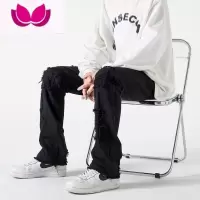 七斓毛边破洞直筒牛仔裤男美式高街黑色小脚裤修身长裤子