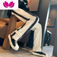 七斓高级感那不勒斯裤子男修身直筒魔术扣休闲裤侧条纹白色阔腿裤