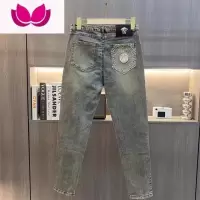 七斓牛仔裤2022新款男网红潮牌修身百搭青少年九分休闲直筒长裤子男款