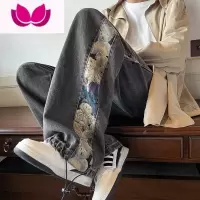 七斓国潮oversize裤子ins高街潮腰果花牛仔裤男直筒宽松垂感休闲长裤