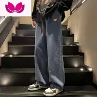 七斓美式高街牛仔裤男直筒宽松潮牌ins阔腿裤男黑色休闲长裤子