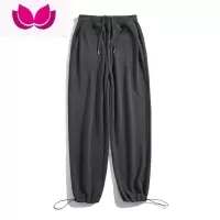 七斓340G裤子男美式潮流宽松抽绳束脚直筒卫裤黑色运动休闲长裤子