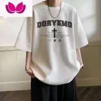七斓港味chic华夫格短袖男设计感小众印花T恤ins夏季大码半截袖