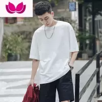 七斓F夏季圆领宽松短袖T恤男士白色半袖潮流青少年体恤休闲打底衫