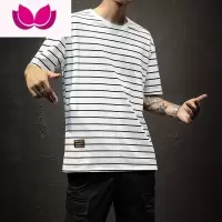 七斓条纹短袖T恤男士夏季港风潮流圆领大码胖子休闲宽松潮牌半袖体恤