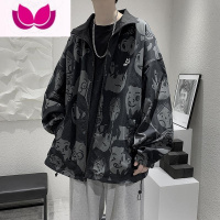 七斓两面穿满印潮流夹克男港风休闲宽松百搭翻领外套潮牌痞帅上衣