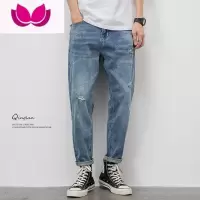 七斓牛仔裤男士宽松直筒2023新款九分裤男生百搭潮牌休闲长裤子