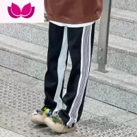 七斓美式hiphop条纹裤子男女高街卫裤宽松休闲直筒裤黑色运动长裤