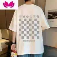 七斓2023短袖t恤男夏季新款宽松象棋格子潮牌上衣服港风半袖体恤t