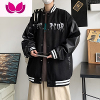 七斓欧美嘻哈PU皮拼接棒球服外套男春季潮牌街头宽松情侣休闲印花夹克