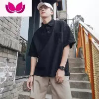 七斓夏季美式日系短袖男生潮牌宽松港风t恤工装翻领polo衫ins潮流帅气