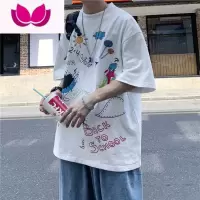 七斓短袖T恤男百搭宽松涂鸦印花上衣ins港风休闲chic半袖衣服