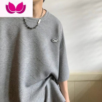 七斓华夫格短袖男夏季美式宽松圆领t恤潮牌贴标简约半袖情侣休闲体恤
