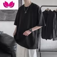 七斓圆领短袖男潮牌ins宽松慵懒纯色帅气t恤衫韩版2023夏季新款上衣服