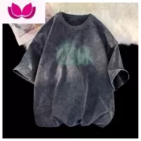 七斓水洗做旧t恤男短袖夏季美式复古衣服欧美潮牌300g高街五分袖