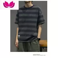 七斓2023新款男士短袖t恤圆领夏季体恤韩版潮流条纹潮牌宽松半袖