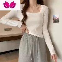 七斓2023新款长袖方领t恤女早秋季别致打底衫短款显瘦设计感黑色上衣