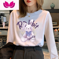 七斓紫色长袖t恤女2023年新款兔年款印花上衣服韩版ins宽松打底衫