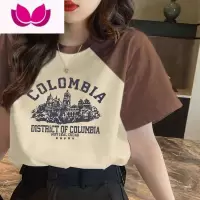 七斓美式复古辣妹撞色正肩短袖t恤女夏宽松显瘦小众别致独特短款上衣
