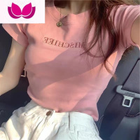七斓2023新款夏季新款刺绣字母短袖T恤女chic港味粉色设计感小众上衣