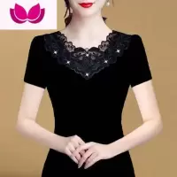 七斓圆领蕾丝打底衫女短袖t恤2023夏装新品修身薄款网纱大码女装上衣
