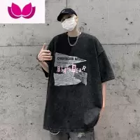 七斓短袖t恤男夏季水洗做旧高街潮牌美式复古宽松大码五分袖体恤
