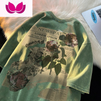 七斓320g美式复古潮牌水洗短袖t恤男欧美高街体袖oversize7分袖夏