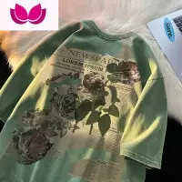 七斓320g美式复古潮牌水洗短袖t恤男欧美高街体袖oversize7分袖夏