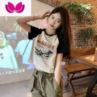 七斓修身显瘦拼接撞色短袖t恤女2023年新款正肩美式复古短款上衣夏季