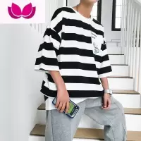 七斓男短袖T恤ins潮港风百搭宽松衣服条纹上衣潮流嘻哈半袖潮牌设计感