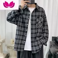 七斓格子长袖衬衫男宽松韩版潮学生休闲复古帅气外穿磨毛衬衣外套