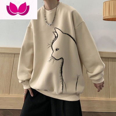七斓猫咪印花圆领卫衣男2023新款大码打底衫春季长袖港风外套A