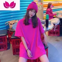 七斓玫红色t恤女短袖大码网红2023新款夏ins风T中长款宽松纯色上衣潮