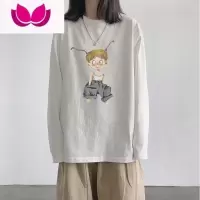 七斓卡通印花长袖白色t恤女宽松学生外穿内搭打底衫秋装上衣ins超火潮