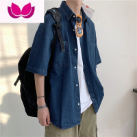 七斓港风复古牛仔衬衫男2023年夏新款短袖衬衣青少年宽松休闲工装外套