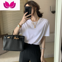 七斓白色正肩短袖T恤女有机棉无缝圆筒T内搭打底衫宽松上衣