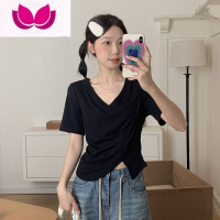 七斓大码正肩短袖t恤女设计感小众夏季2023年新款胖MM不规则短款上衣