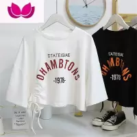 七斓短袖t恤女装超火短款露脐薄款宽松心机抽绳上衣服夏季2023年新款