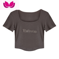 七斓设计感chic短袖T恤女夏季方领正肩打底衫辣妹修身短款露脐上衣潮