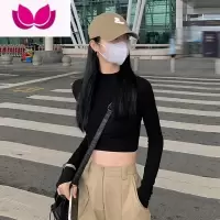 七斓半高领黑色露脐打底衫女内搭修身显瘦小众长袖t恤短款上衣ins