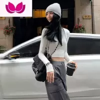 七斓半高领黑色露脐打底衫女内搭修身显瘦小众长袖t恤短款上衣ins